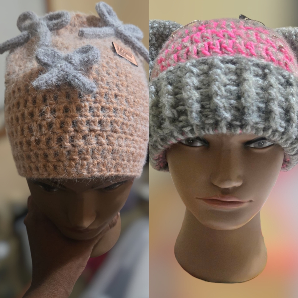 "Ribbons" Basic Beanie w/Appliques & Cat Ear Beanie Set. Pale Pink/Gray, OFFERS